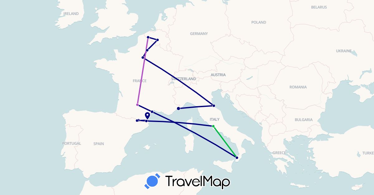 TravelMap itinerary: driving, bus, train in Andorra, Belgium, France, Italy (Europe)